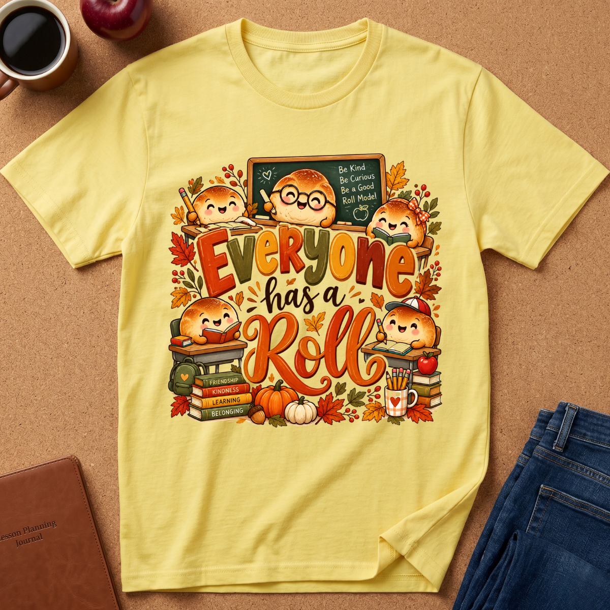 A pale yellow graphic T-shirt laid flat on a tan surface, surrounded by styled props including a coffee mug, apple, notebook, and jeans. The shirt features a large autumn-themed cartoon print with the phrase 'Everyone has a Roll' in fall colors and small character illustrations.