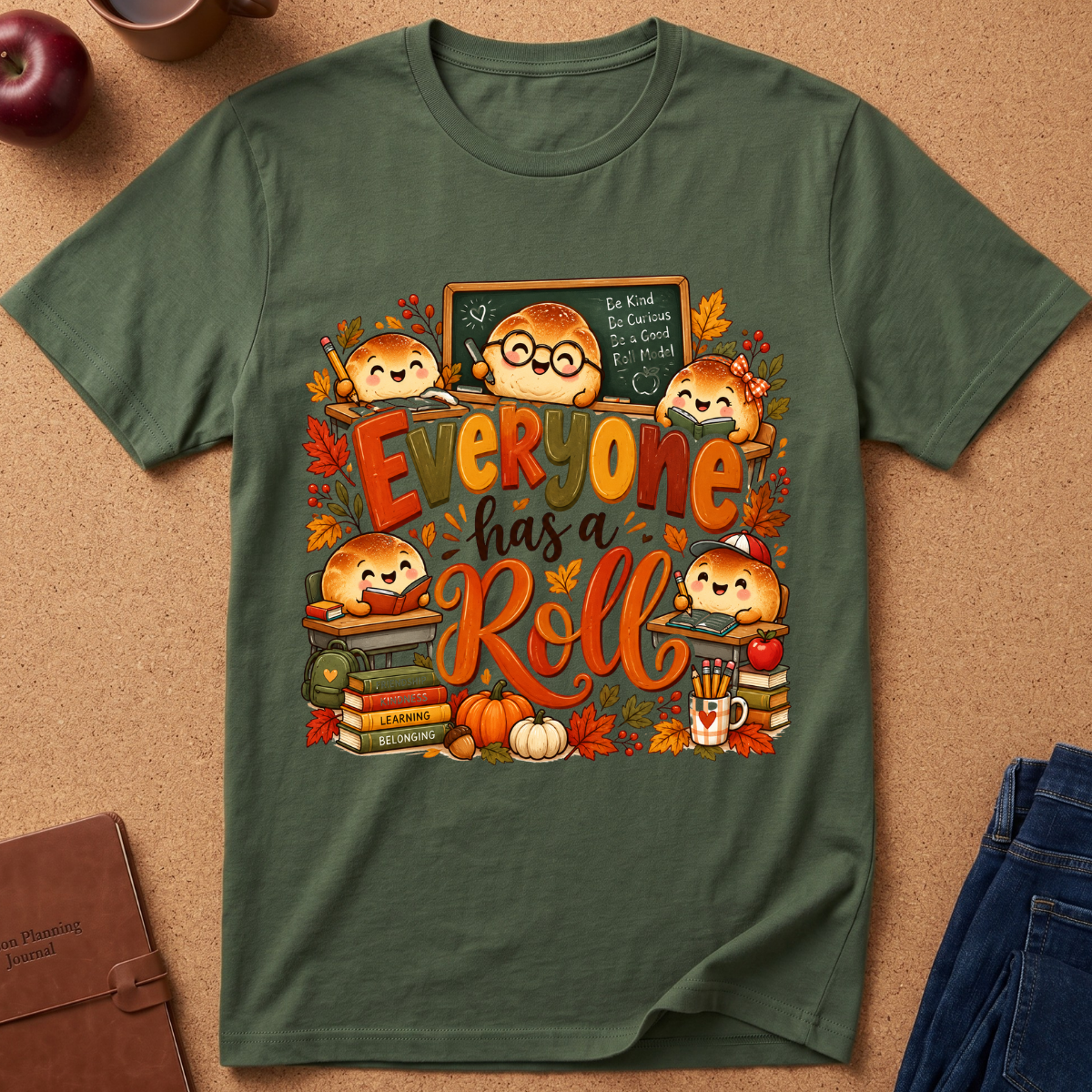 An olive green short-sleeve t-shirt with a colorful autumn-themed graphic reading 'Everyone has a Roll' surrounded by cartoon characters, books, pumpkins, and fall leaves, laid flat on a cork background with jeans and an apple partially visible.