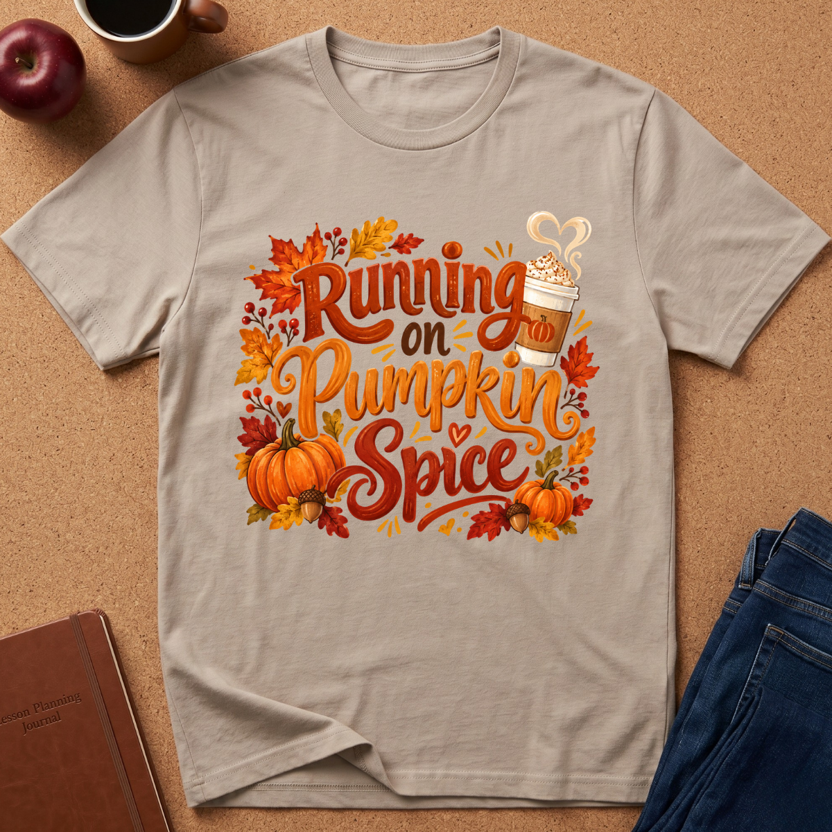 A light beige graphic t-shirt laid flat on a brown cork background, featuring a colorful autumn-themed design with the text 'Running on Pumpkin Spice' surrounded by pumpkins, leaves, and a coffee cup illustration. Styled flat-lay props include an apple, a notebook, a coffee mug, and blue jeans.