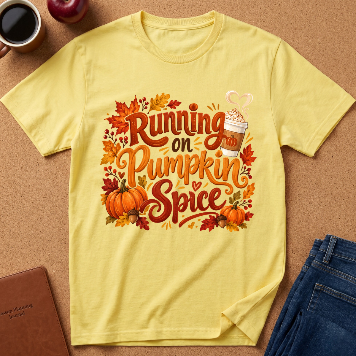 A pale yellow graphic T-shirt laid flat on a cork-like surface, surrounded by a coffee mug, apple, notebook, and jeans. The shirt features a large autumn-themed print reading “Running on Pumpkin Spice” with pumpkins, fall leaves, and a coffee cup illustration.