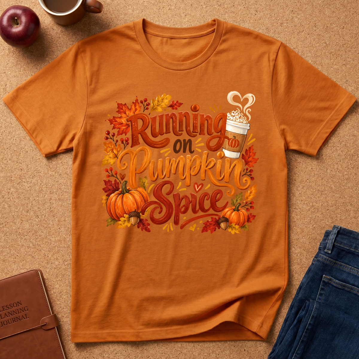 An orange short-sleeve graphic T-shirt laid flat on a tan cork-like surface, surrounded by autumn props including a pumpkin, coffee cup, notebook, and jeans. The shirt features the phrase “Running on Pumpkin Spice” in stylized lettering with fall leaves, pumpkins, and a hot coffee graphic.