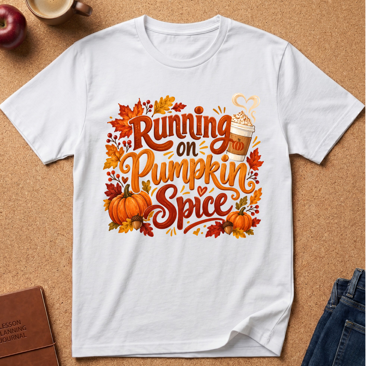 A white short-sleeve graphic T-shirt laid flat on a cork background, featuring autumn-themed lettering that reads 'Running on Pumpkin Spice' with pumpkins, leaves, and a coffee cup illustration.