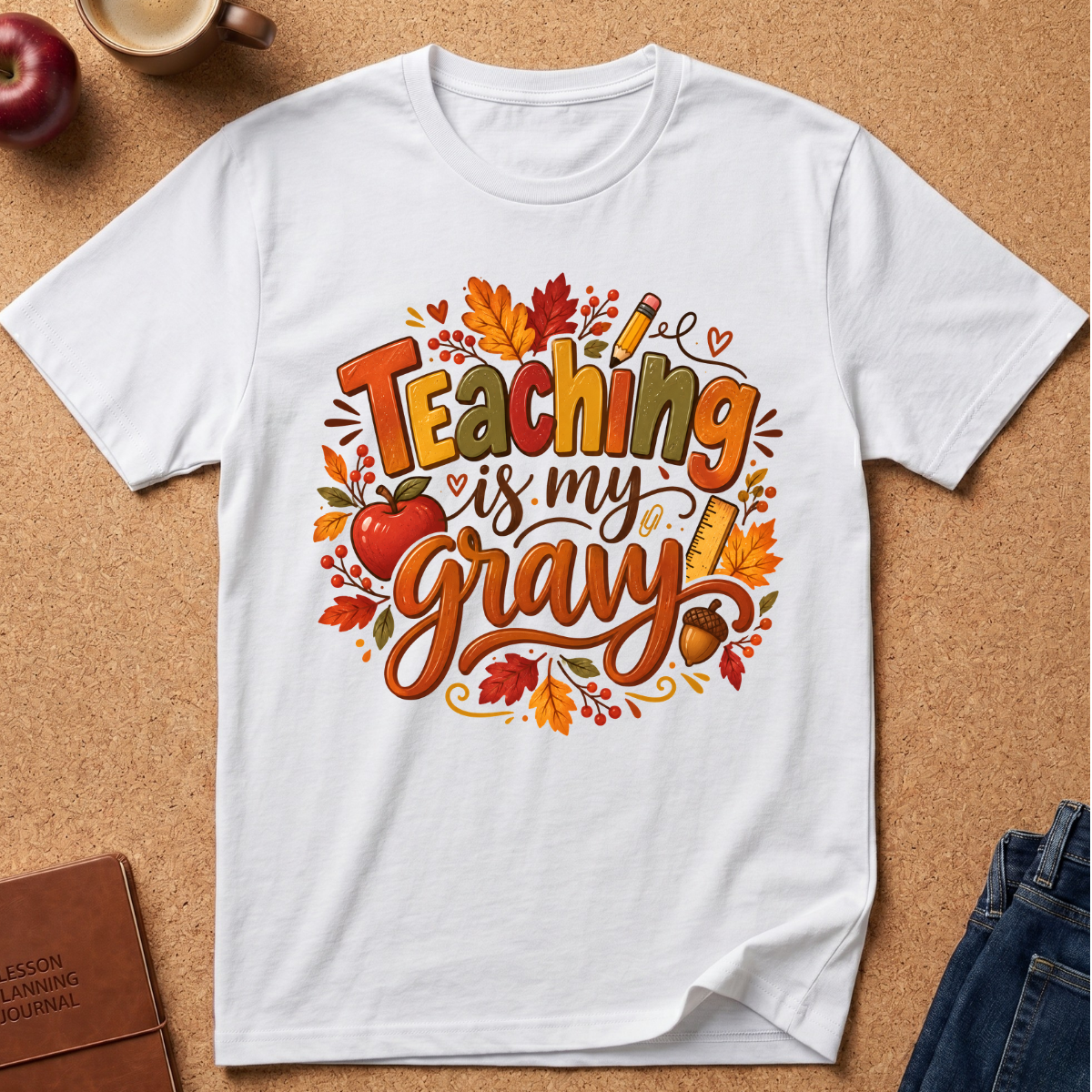 A white short-sleeve graphic T-shirt laid flat on a cork surface, featuring the phrase 'Teaching is my gravy' in orange and brown lettering with autumn leaves, an apple, and a pencil. Partial props around the shirt include an apple, a coffee cup, a journal, and jeans.