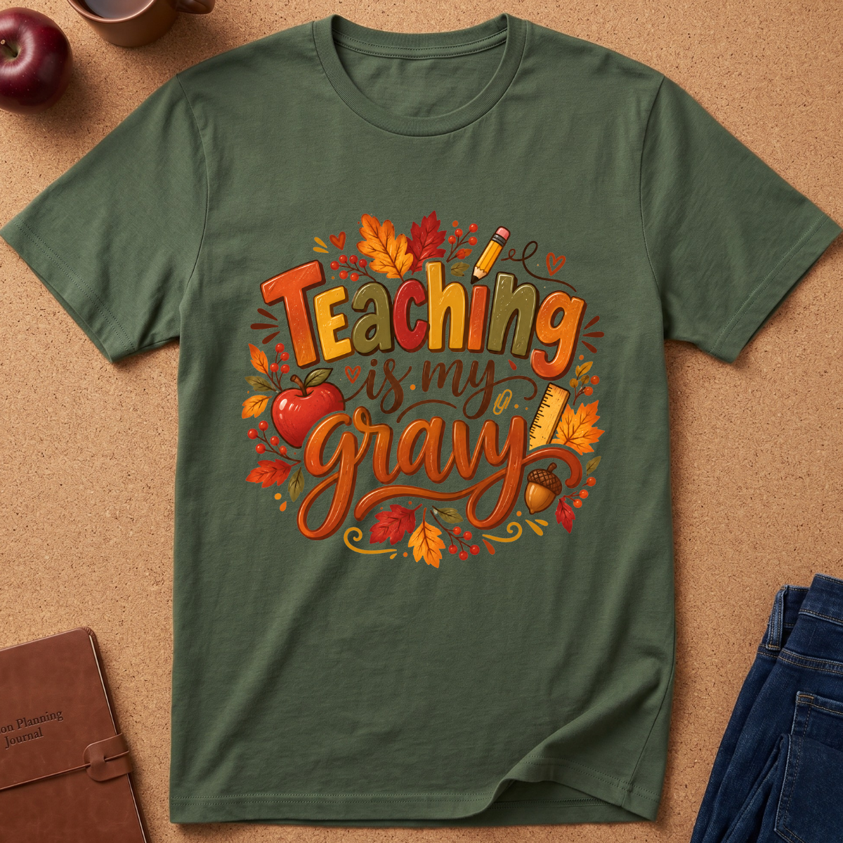 An olive green short-sleeve t-shirt with a colorful graphic reading 'Teaching is my gravy' surrounded by autumn leaves, an apple, and school supplies, laid flat on a cork board background with jeans and an apple partially visible.