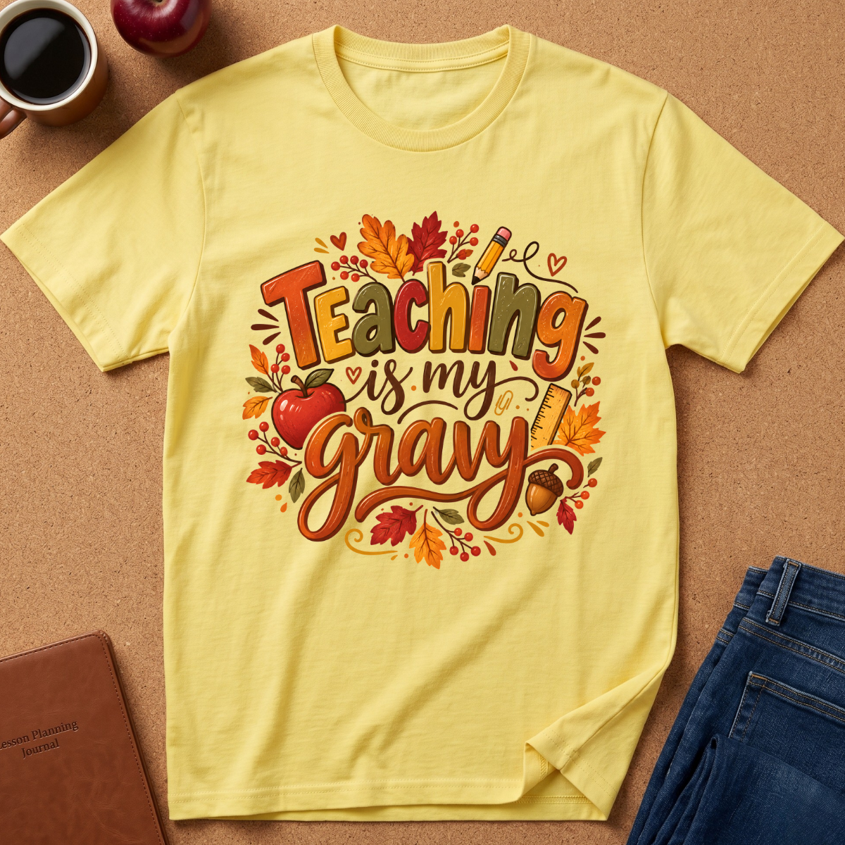 A light yellow graphic t-shirt laid flat on a cork background, surrounded by lifestyle props including a coffee mug, an apple, a notebook, and folded blue jeans. The t-shirt features a colorful graphic that reads 'Teaching is my gravy' decorated with autumn leaves, an apple, and a pencil.