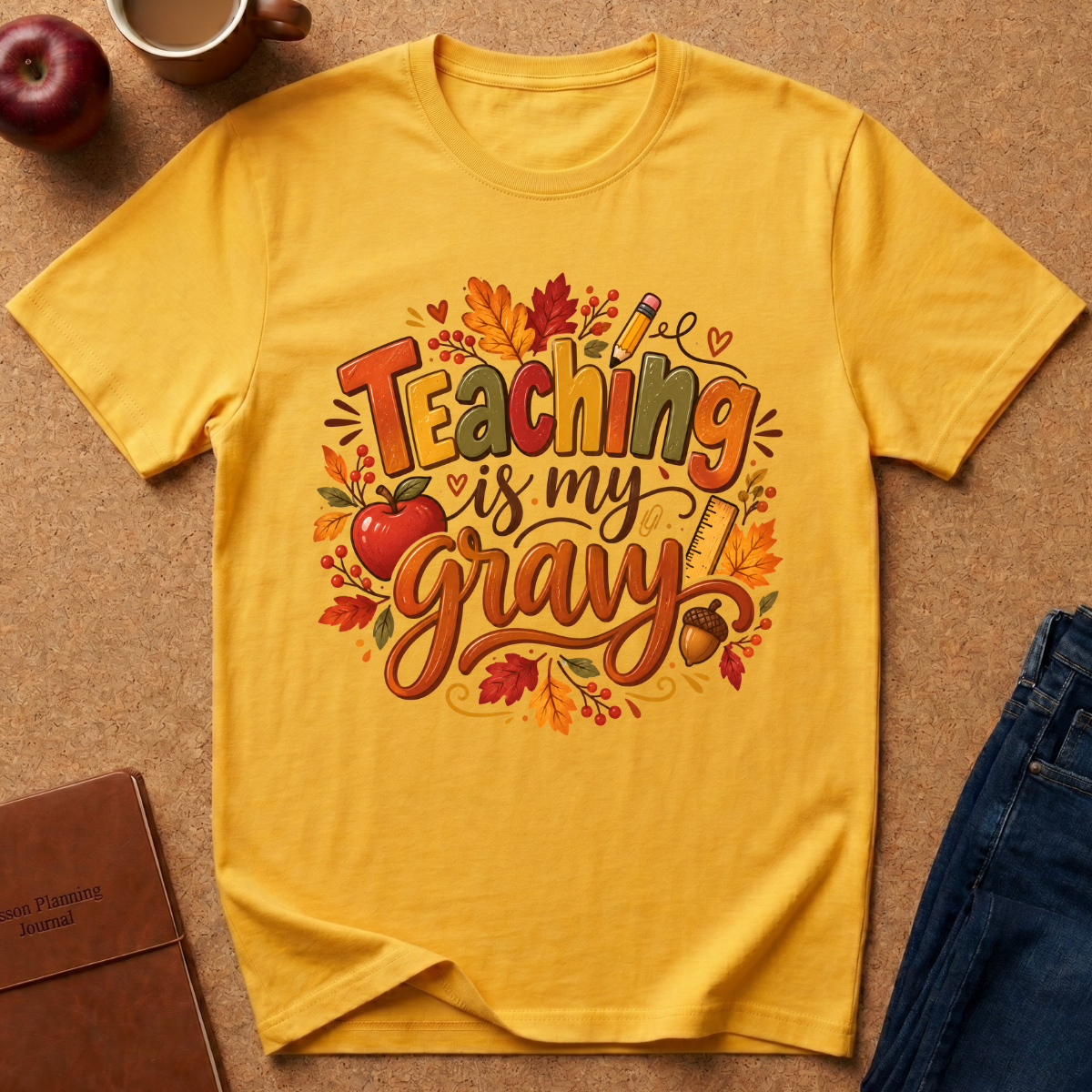 A yellow graphic t-shirt laid flat on a cork background, featuring the phrase 'Teaching is my gravy' in autumn-themed lettering with leaves, an apple, and a pencil. Styled flat-lay props include a brown notebook, a red apple, a coffee mug, and blue jeans.