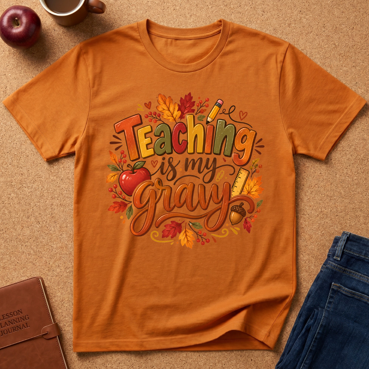 An orange short-sleeve graphic T-shirt laid flat on a tan cork-like surface, surrounded by autumn-themed props including a red apple, a mug, a notebook, and folded blue jeans. The shirt features the phrase “Teaching is my gravy” in decorative multicolor lettering with leaves, a red apple, and a pencil.