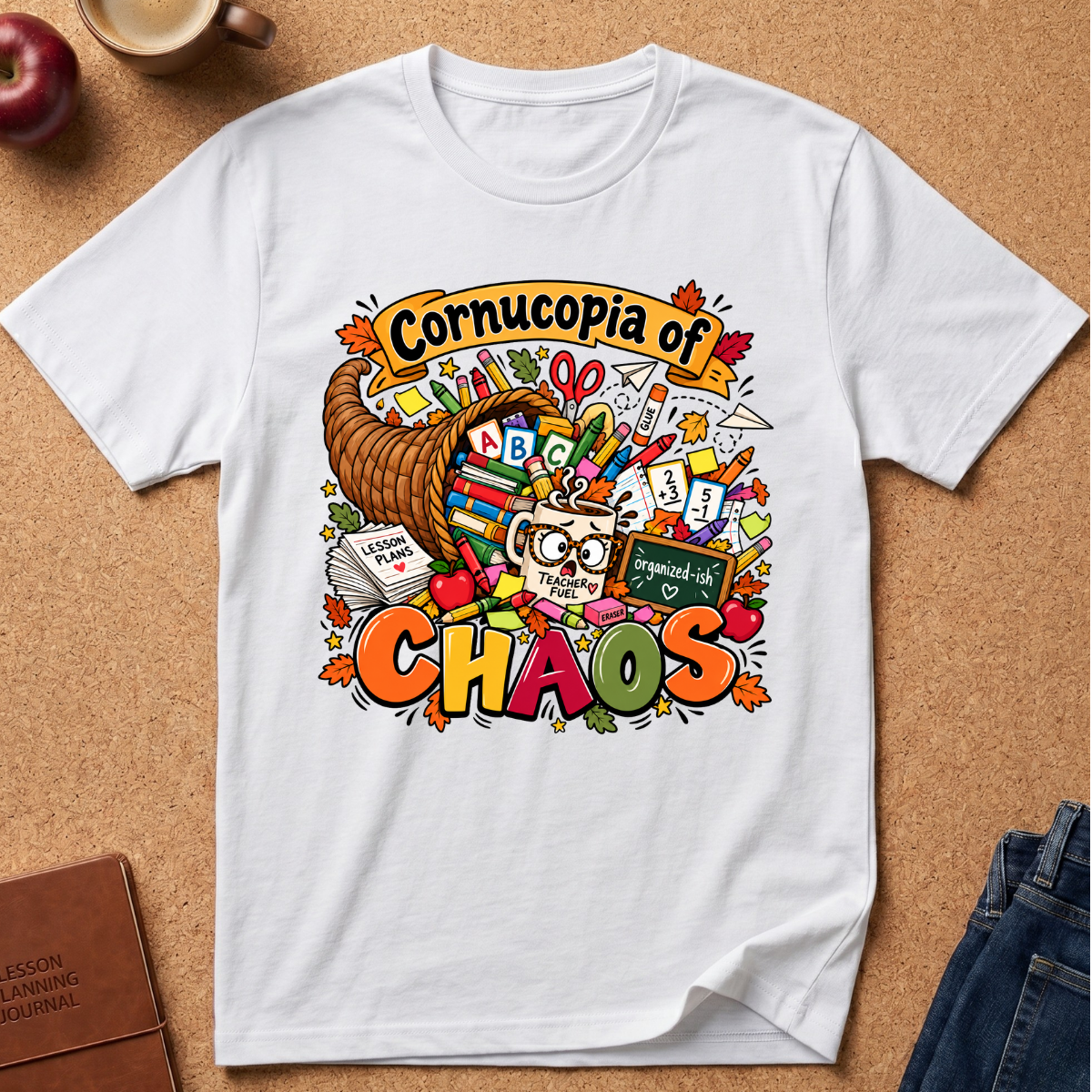 A white short-sleeve graphic T-shirt laid flat on a cork board background, featuring a colorful cartoon cornucopia and chaotic school-themed illustration with the words 'Cornucopia of CHAOS.' Surrounding props include an apple, a mug, a notebook, and folded jeans.