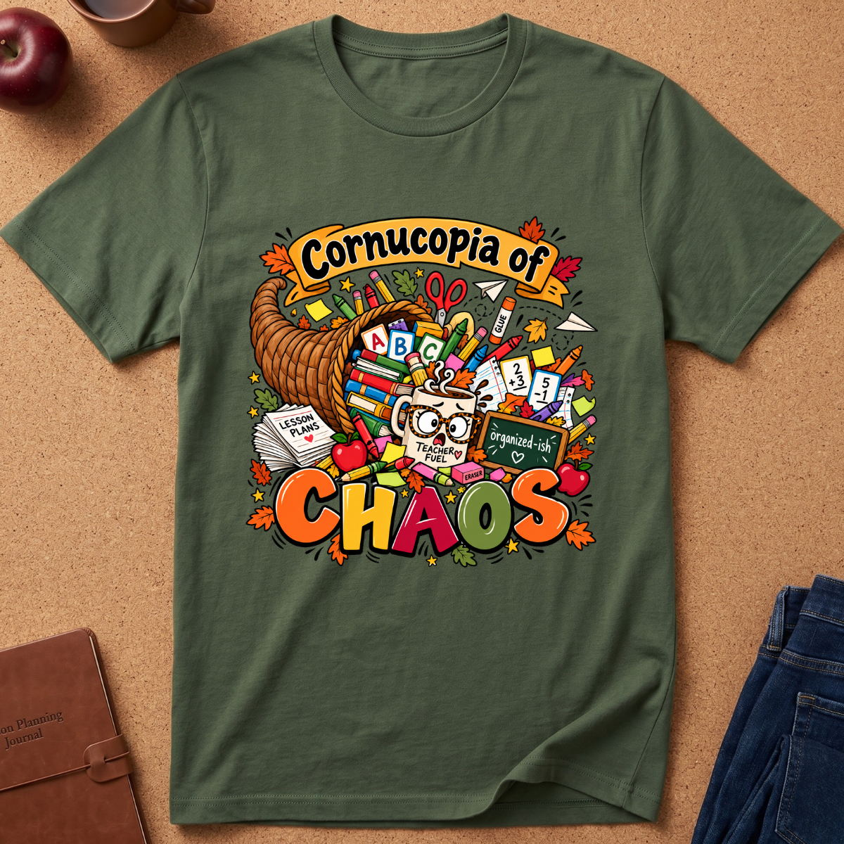 An olive green short-sleeve t-shirt with a colorful graphic print reading 'Cornucopia of CHAOS' and featuring a cornucopia, skull, books, and school supplies, laid flat on a cork background with props.
