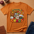 An orange graphic t-shirt laid flat on a cork background, surrounded by lifestyle props including a brown leather journal, a red apple, a coffee mug, and blue jeans. The t-shirt features a colorful cartoon cornucopia overflowing with school supplies, books, and the words 'Cornucopia of CHAOS'.