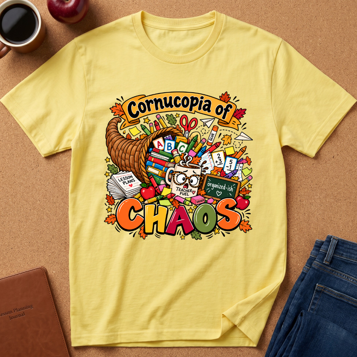 A pale yellow graphic T-shirt laid flat on a cork-like surface, surrounded by styled props including a coffee cup, apple, notebook, and jeans. The shirt features a large colorful illustration with the words 'Cornucopia of Chaos' and a cartoon cornucopia overflowing with books, pencils, letters, and autumn leaves.