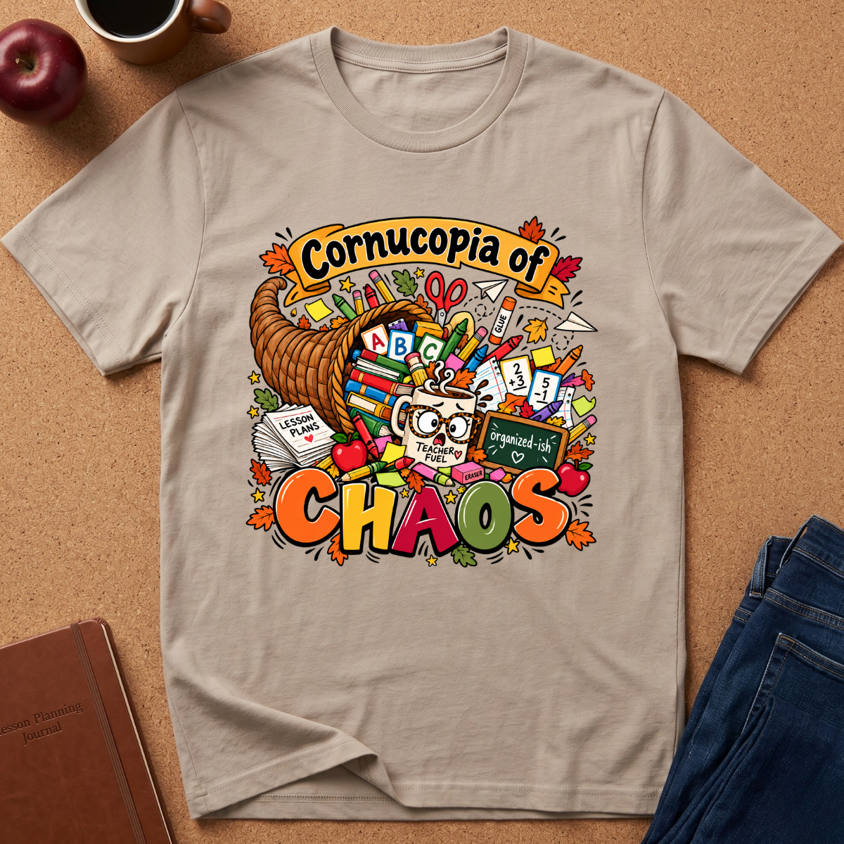 A beige graphic t-shirt laid flat on a cork background, featuring a colorful 'Cornucopia of Chaos' design with a basket, books, chalkboard, and autumn leaves. Styled flat-lay props include an apple, a coffee cup, a notebook, and blue jeans.