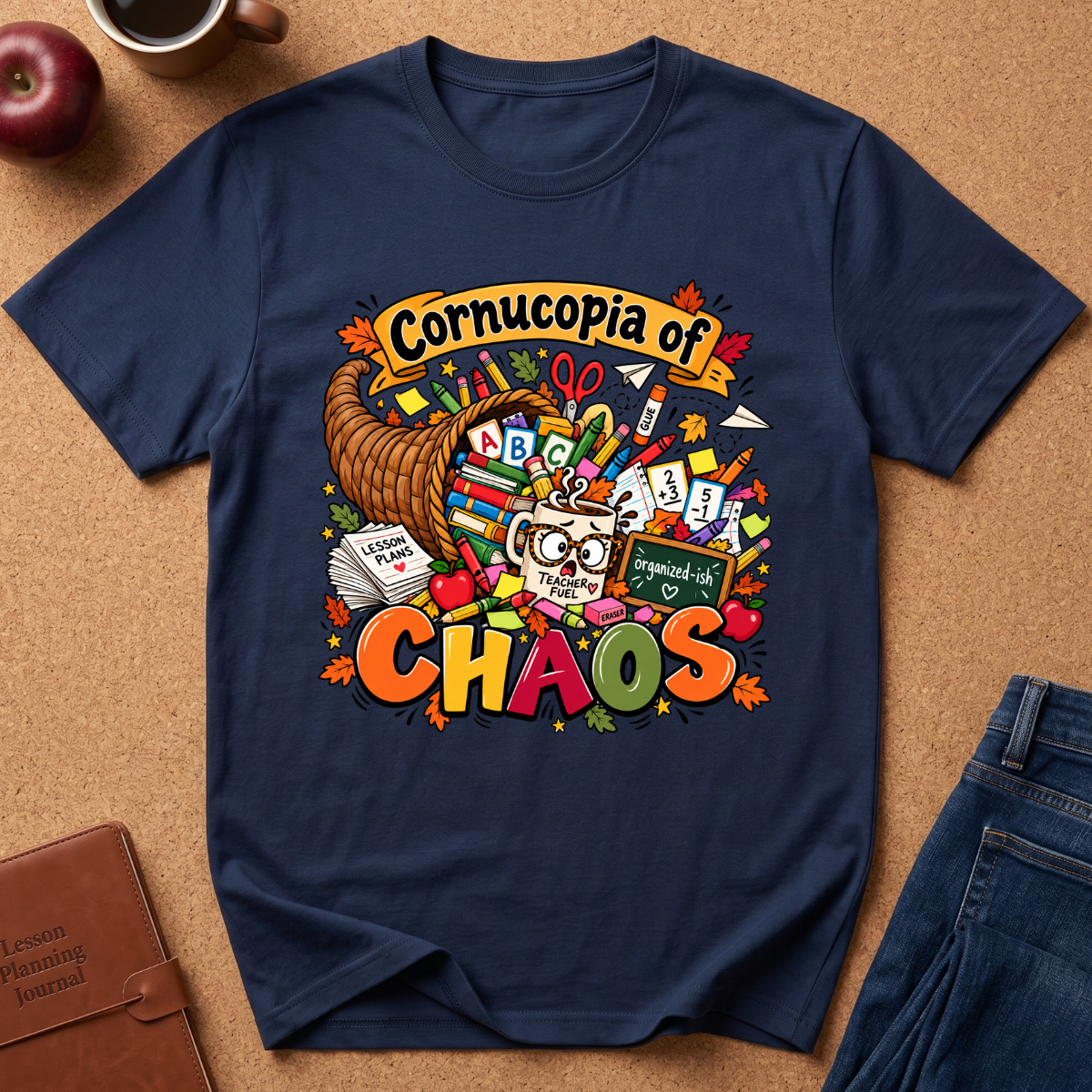 A navy blue graphic t-shirt laid flat on a brown cork background, surrounded by lifestyle props like an apple, a coffee mug, a leather journal, and jeans. The t-shirt features a colorful 'Cornucopia of Chaos' graphic with a skull, cornucopia, books, and autumn leaves.