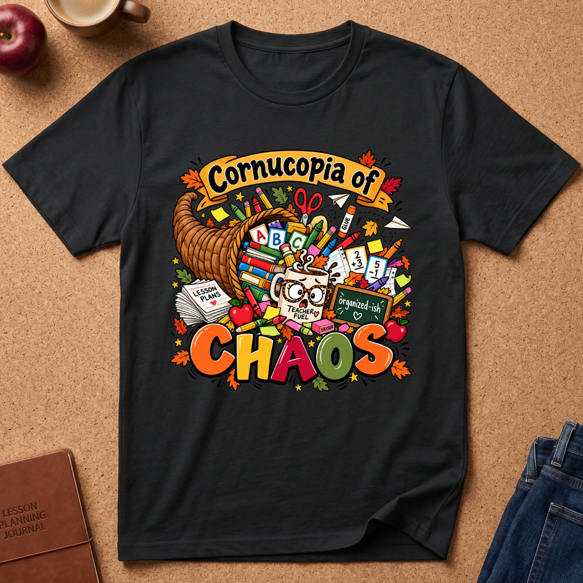 A black short-sleeve graphic T-shirt laid flat on a corkboard background, featuring a colorful 'Cornucopia of Chaos' design with a horn, books, chalkboard, candy, and autumn leaves. Partial props including an apple, mug, journal, and jeans are visible around the shirt.