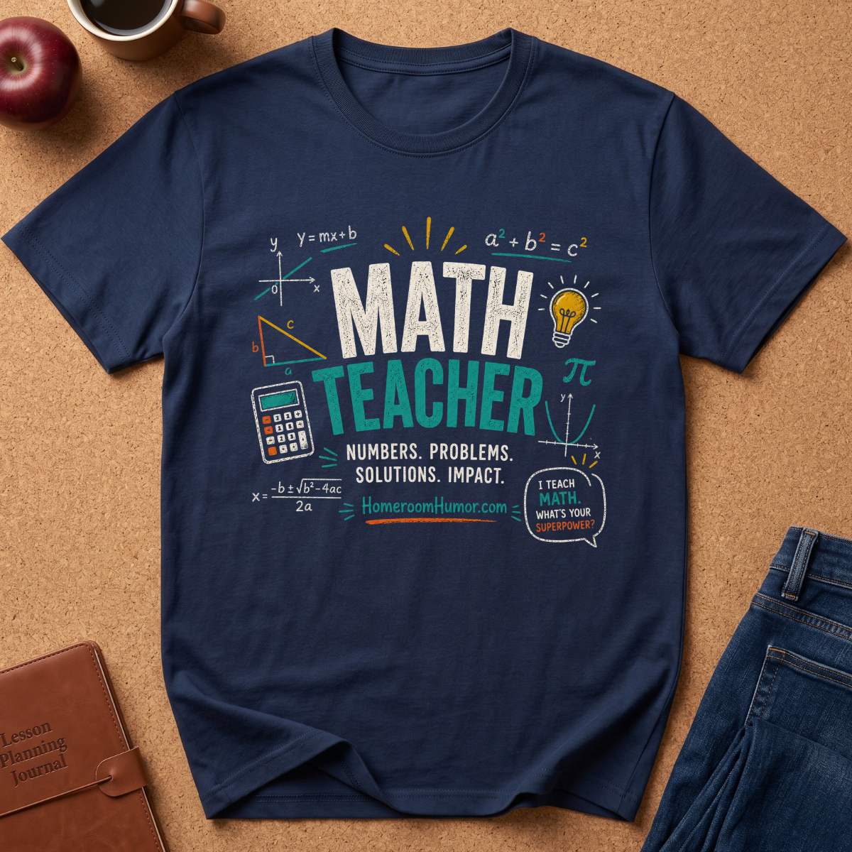 A navy blue graphic t-shirt featuring a math-themed design with equations, a lightbulb, a calculator, and the words 'MATH TEACHER' in white and teal. The shirt is laid flat on a brown cork background with lifestyle props including an apple, a coffee cup, a planner, and jeans.