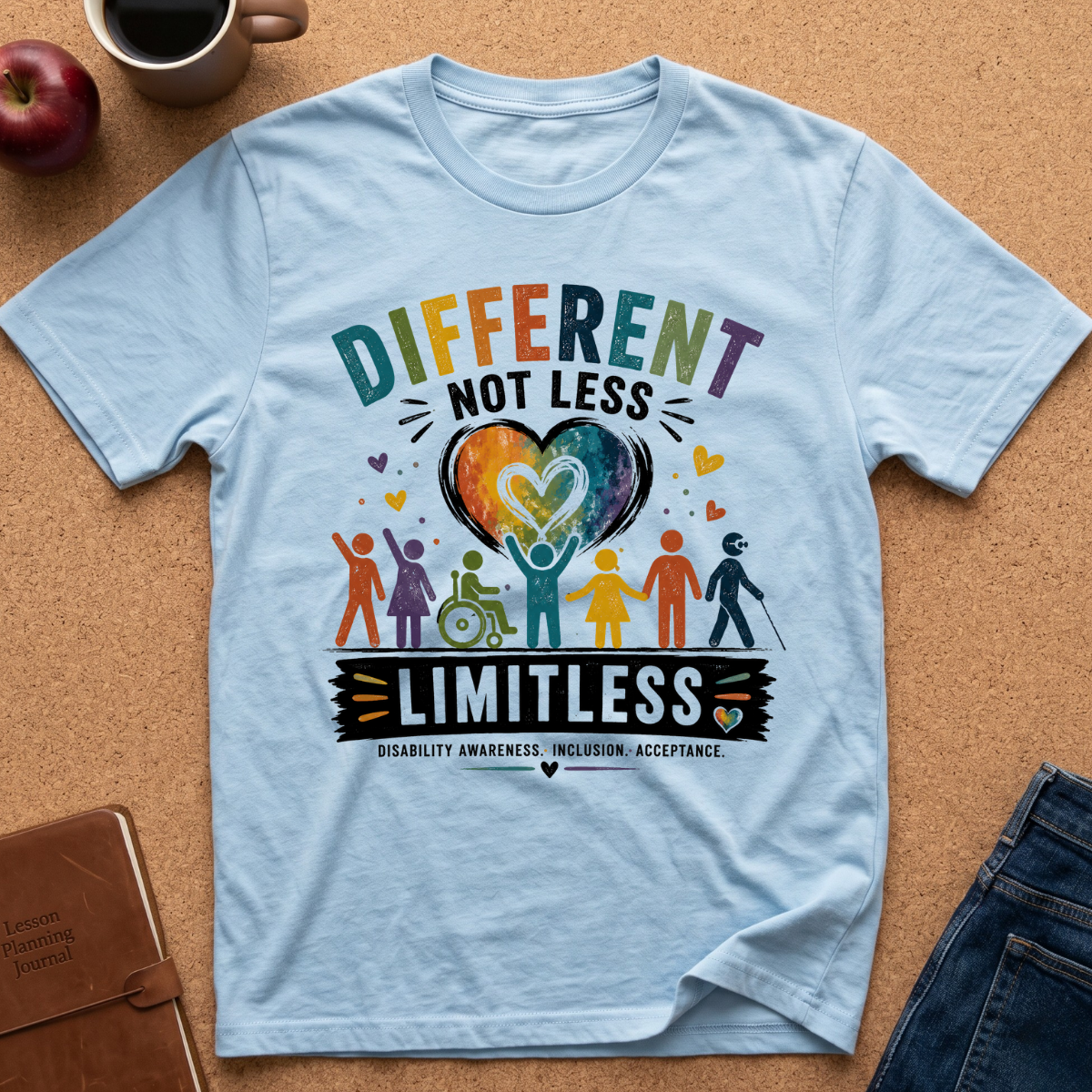 A light blue graphic t-shirt laid flat on a cork board background, surrounded by lifestyle props including an apple, a coffee mug, a notebook, and jeans. The shirt features a colorful graphic with the text 'DIFFERENT NOT LESS' and 'LIMITLESS' with a heart and diverse human figures representing disability awareness.