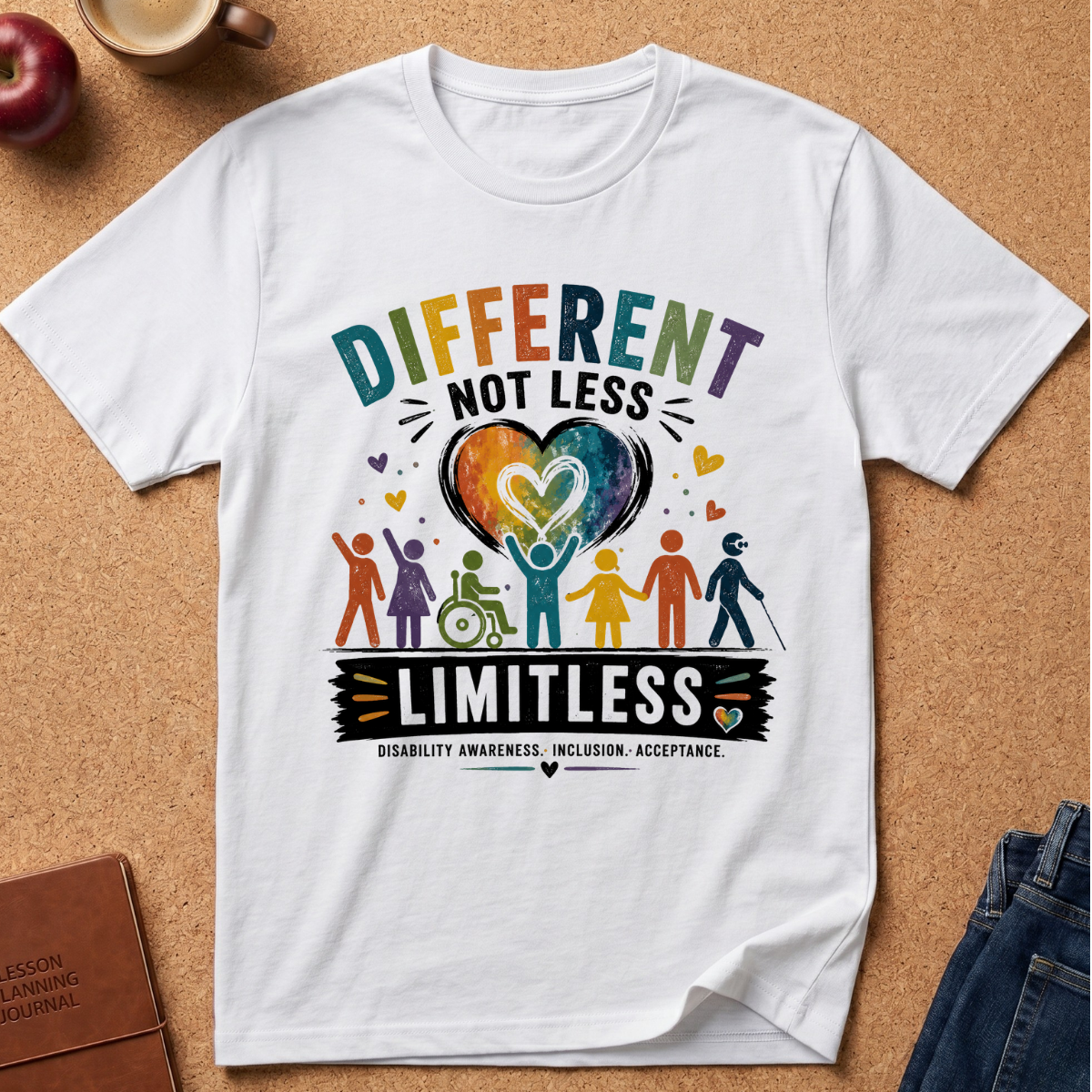A white short-sleeve graphic T-shirt laid flat on a cork board background, featuring the phrase “DIFFERENT NOT LESS LIMITLESS” above a multicolor heart and diverse human figures. The shirt is styled with partial props including an apple, a coffee cup, a notebook, and jeans around it.