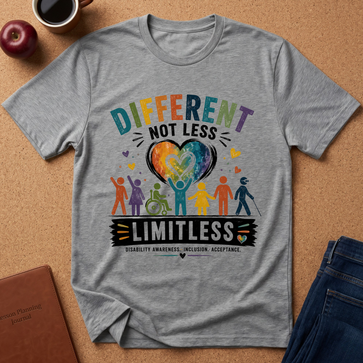 A heather gray graphic t-shirt laid flat on a cork background, featuring a colorful 'Different Not Less Limitless' disability awareness design with stylized figures and a heart. Styled flat-lay props include an apple, a coffee cup, a notebook, and blue jeans.