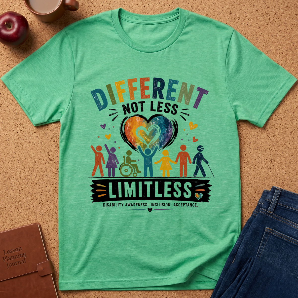 A mint green graphic t-shirt laid flat on a cork background, featuring a colorful disability awareness design with the text 'DIFFERENT NOT LESS LIMITLESS' and stylized figures around a heart. Styled flat-lay props include an apple, coffee cup, brown journal, and blue jeans.