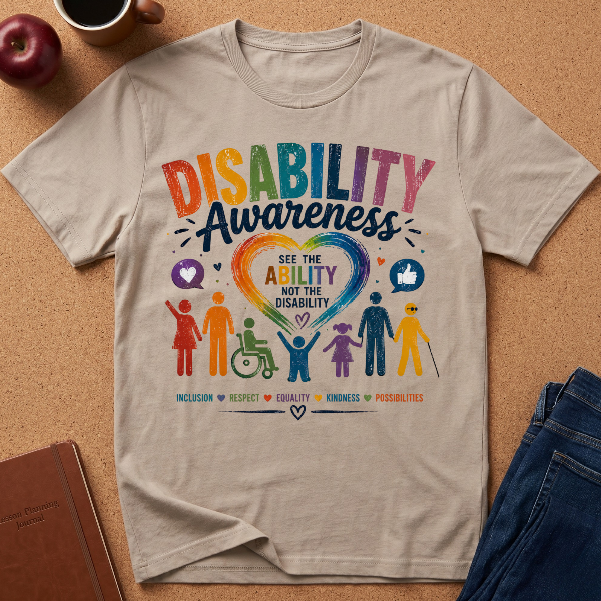 A beige graphic t-shirt laid flat on a cork background, featuring a colorful 'Disability Awareness' design with rainbow lettering, a heart, and diverse human figures. Styled flat-lay props include an apple, a notebook, and a pair of blue jeans.