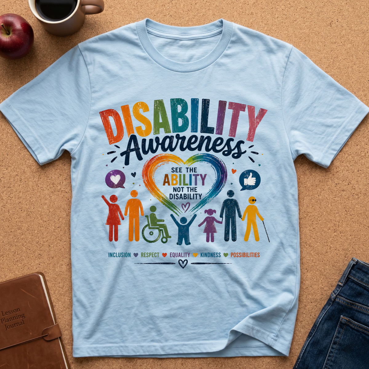 A light blue short-sleeve t-shirt laid flat on a cork surface, featuring a colorful 'Disability Awareness' graphic with rainbow lettering, a heart, and diverse human figures. Styled flat-lay props include an apple, a mug, a notebook, and folded jeans.