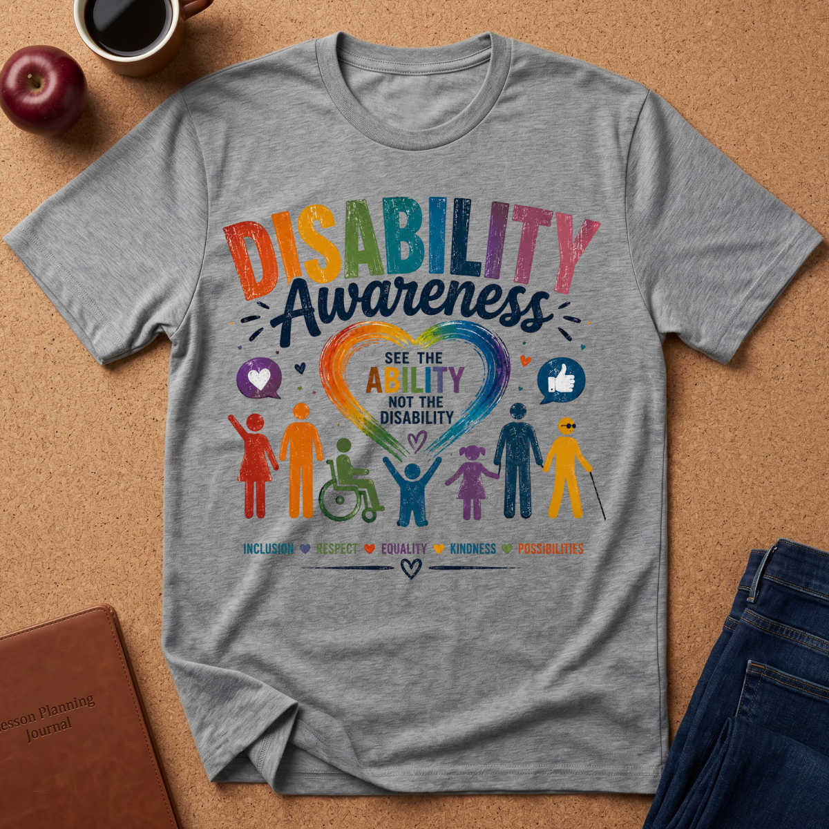A heather gray graphic t-shirt featuring a colorful 'Disability Awareness' design with diverse human figures and a heart, laid flat on a cork background with an apple, coffee mug, and jeans nearby.