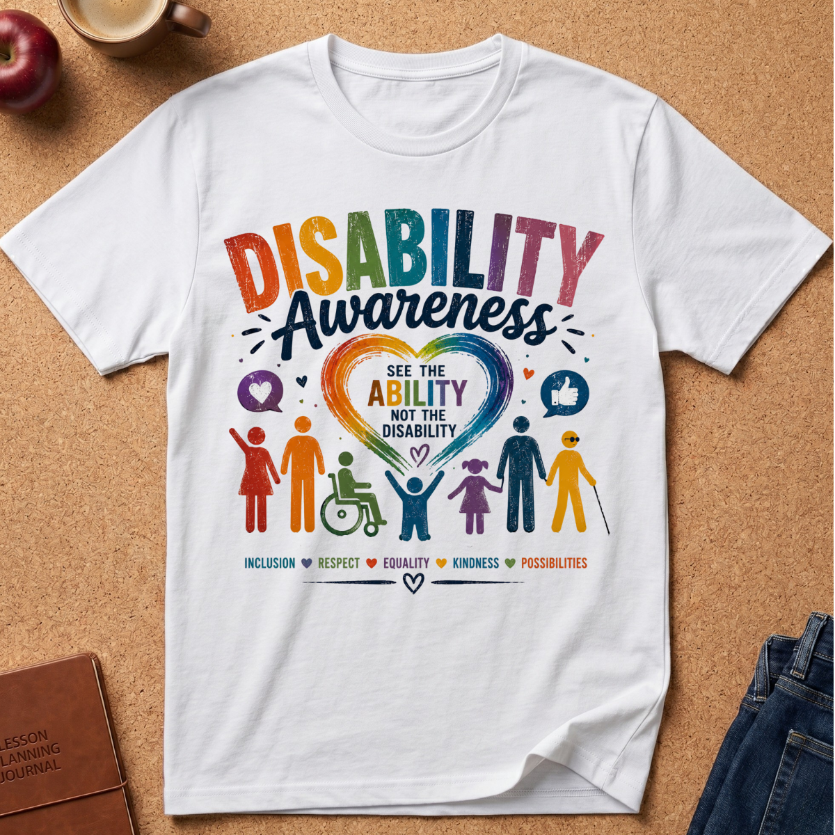 A white short-sleeve graphic T-shirt laid flat on a cork board background, featuring a colorful 'Disability Awareness' design with rainbow lettering, a heart, and stylized people in wheelchair, cane, and hand-in-hand poses. Partial props including an apple, a cup, a book, and jeans are visible around the shirt.
