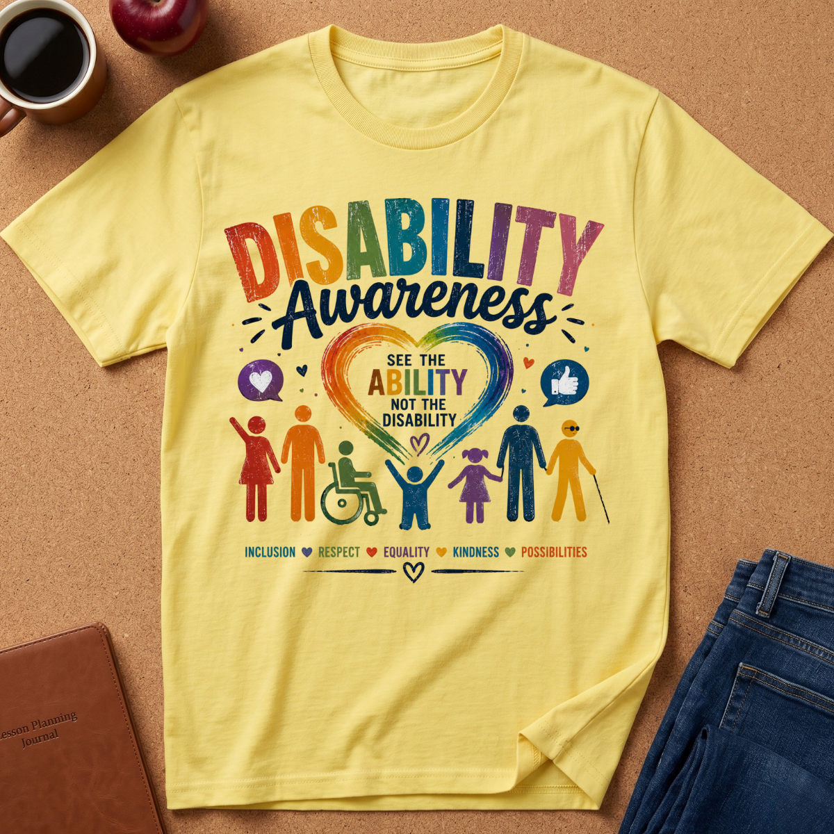 A yellow short-sleeve graphic T-shirt laid flat on a cork surface, featuring a colorful 'Disability Awareness' design with rainbow lettering, a heart, and stylized figures representing people with and without disabilities. Surrounding props include a coffee cup, apple, notebook, and jeans.