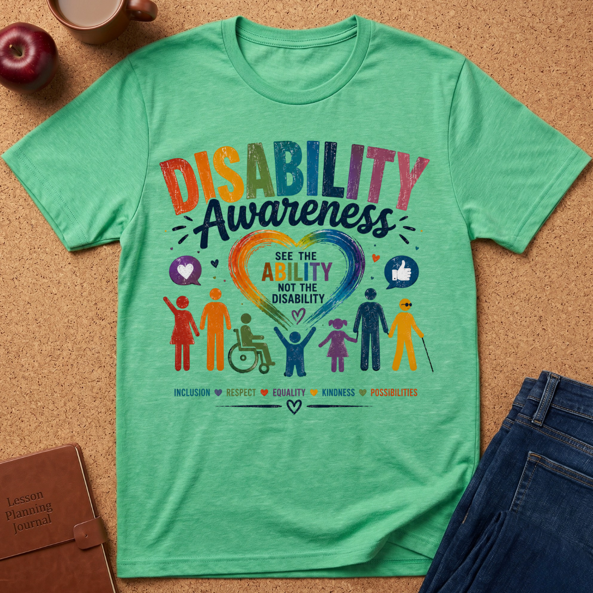 A mint green graphic t-shirt laid flat on a cork background, featuring a colorful 'Disability Awareness' design with a heart, diverse human figures, and supportive icons. Styled flat-lay props include an apple, a coffee cup, a brown journal, and blue jeans.