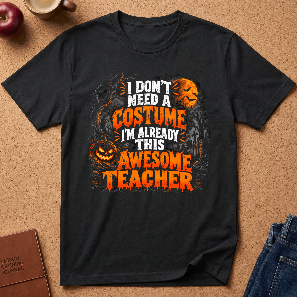 A black short-sleeve graphic T-shirt laid flat on a cork surface, featuring Halloween-themed text that reads, 'I DON'T NEED A COSTUME I'M ALREADY THIS AWESOME TEACHER' with orange pumpkins and white lettering. Styled flat-lay props include an apple, mug, journal, and jeans around the shirt.