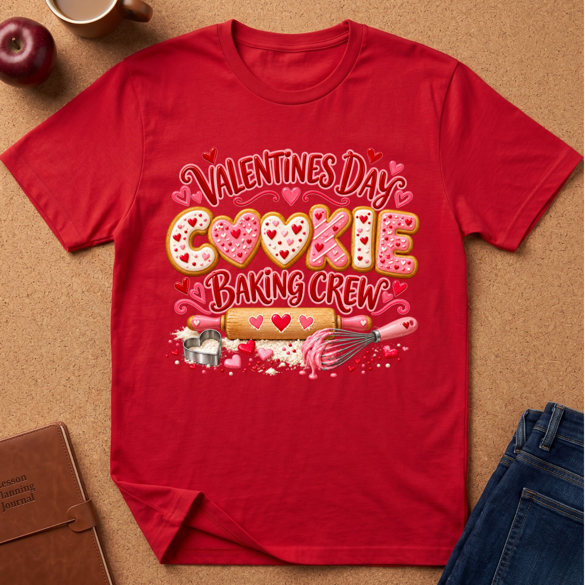 A red short-sleeve graphic T-shirt laid flat on a cork surface, featuring a Valentine's Day cookie baking crew design with cookies, hearts, a rolling pin, whisk, and sprinkles. Styled flat-lay props include an apple, mug, notebook, and jeans.