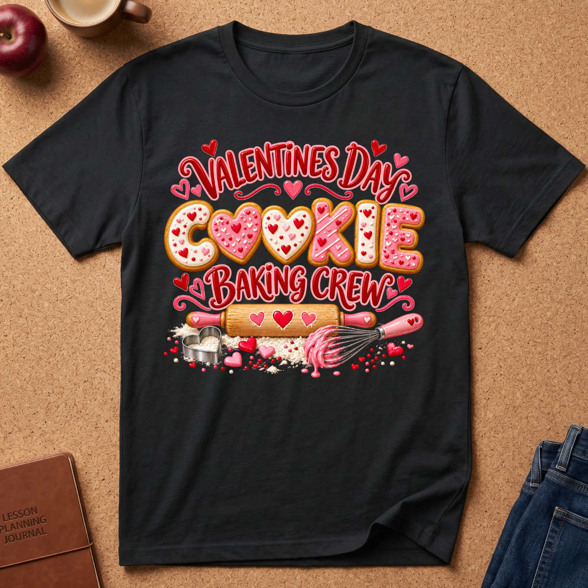 A black short-sleeve graphic T-shirt laid flat on a cork surface, featuring a Valentine's Day cookie baking crew design in pink, red, and white with baking tools and ingredients. Partial props around the shirt include an apple, a mug, a notebook, and jeans.