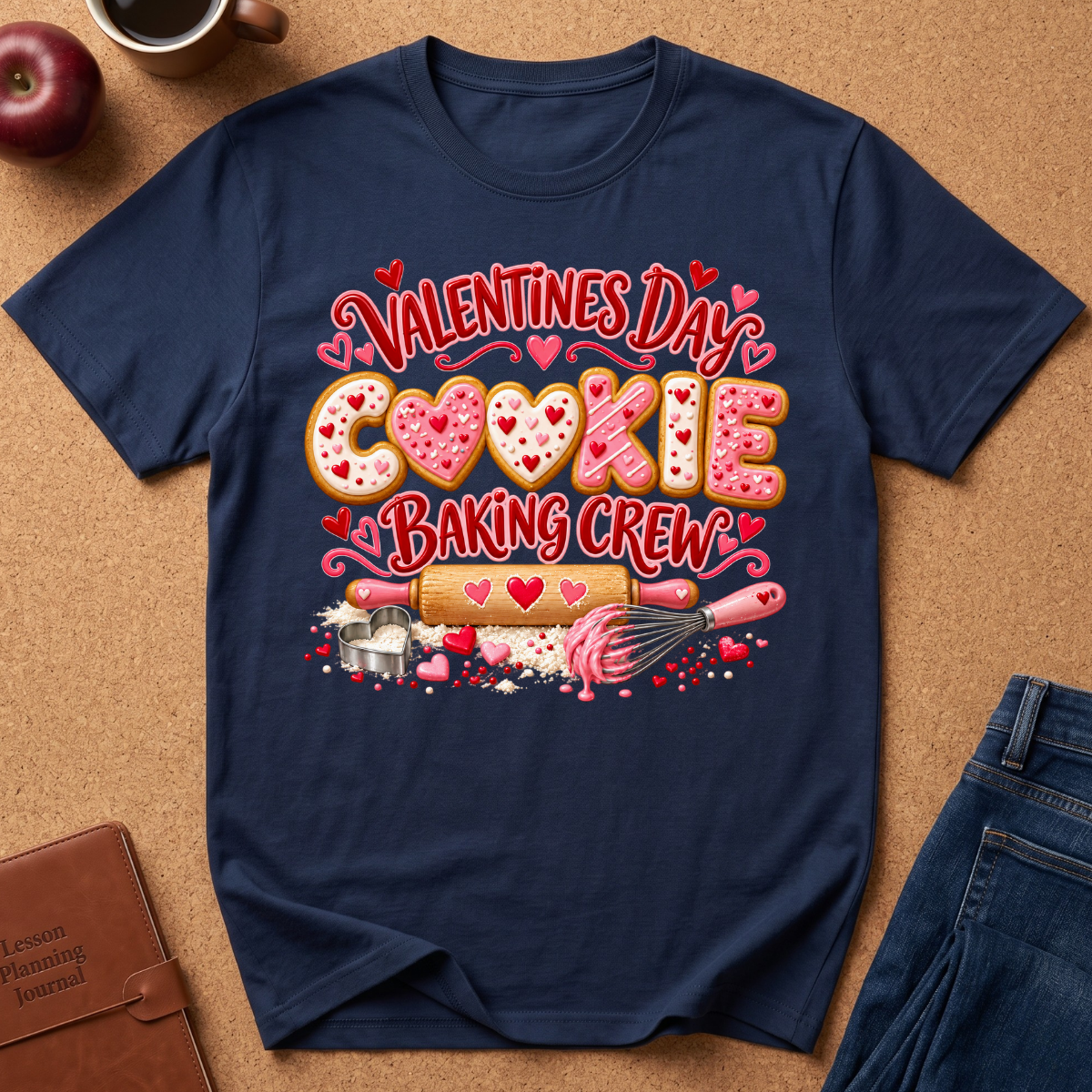 A navy blue graphic t-shirt laid flat on a brown cork background, featuring a Valentine's Day themed 'Cookie Baking Crew' design with pink hearts, a rolling pin, and baking tools. Styled flat-lay props include an apple, a coffee cup, a leather journal, and blue jeans.