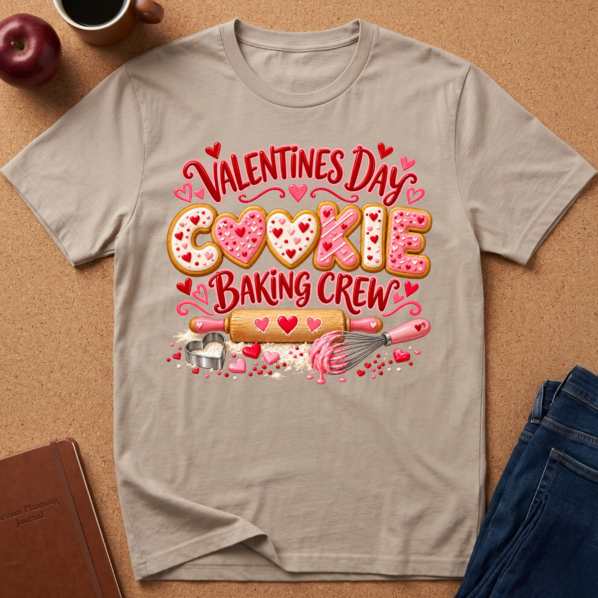 A light beige graphic t-shirt laid flat on a brown cork background, featuring a Valentine's Day cookie baking crew design with pink hearts, sprinkles, a rolling pin, and a whisk. Styled flat-lay props include an apple, a coffee cup, a notebook, and blue jeans.