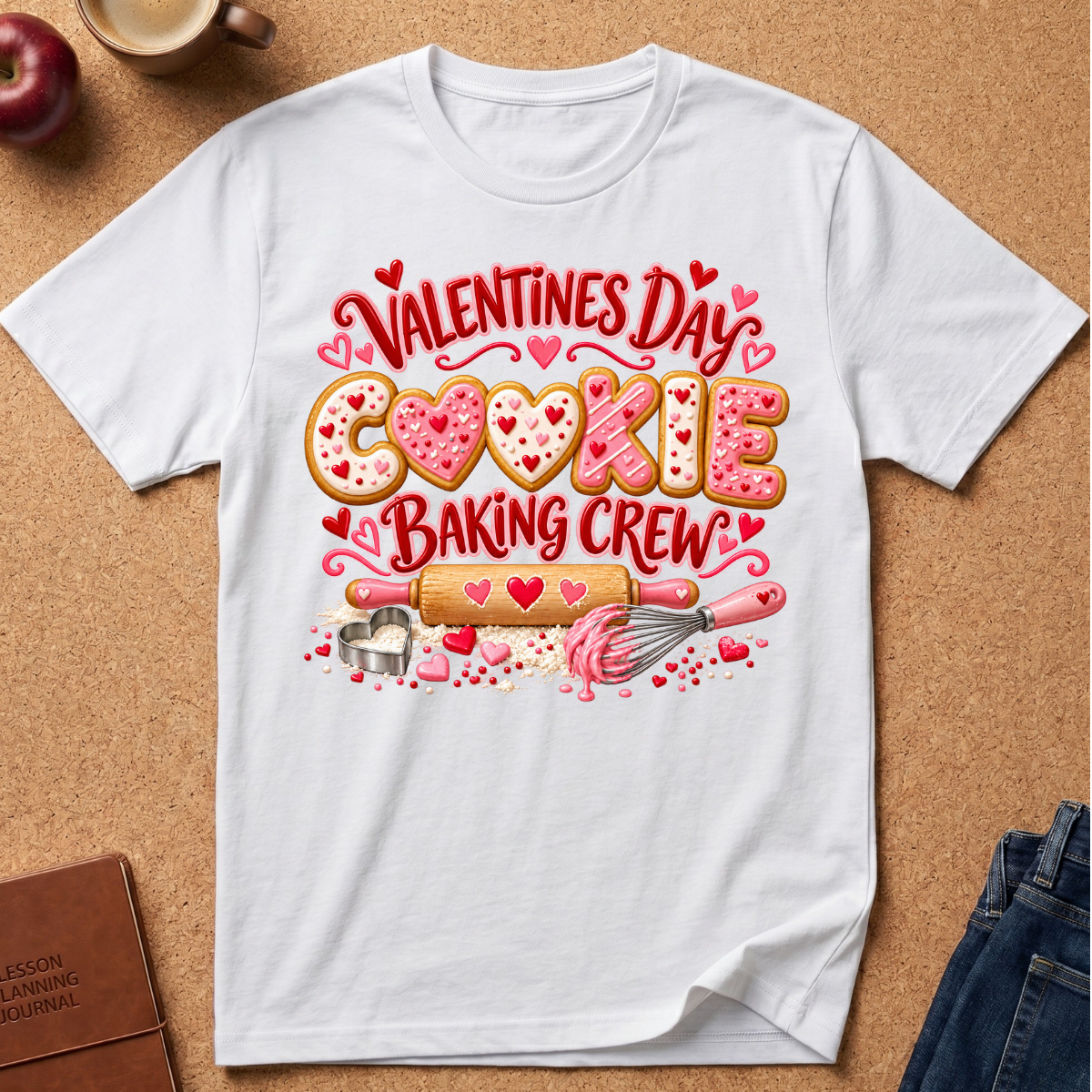 A white short-sleeve graphic T-shirt laid flat on a cork board background, featuring a Valentine's Day cookie baking theme with the words 'Valentines Day Cookie Baking Crew' and baking tools illustrated in pink, red, and gold tones.