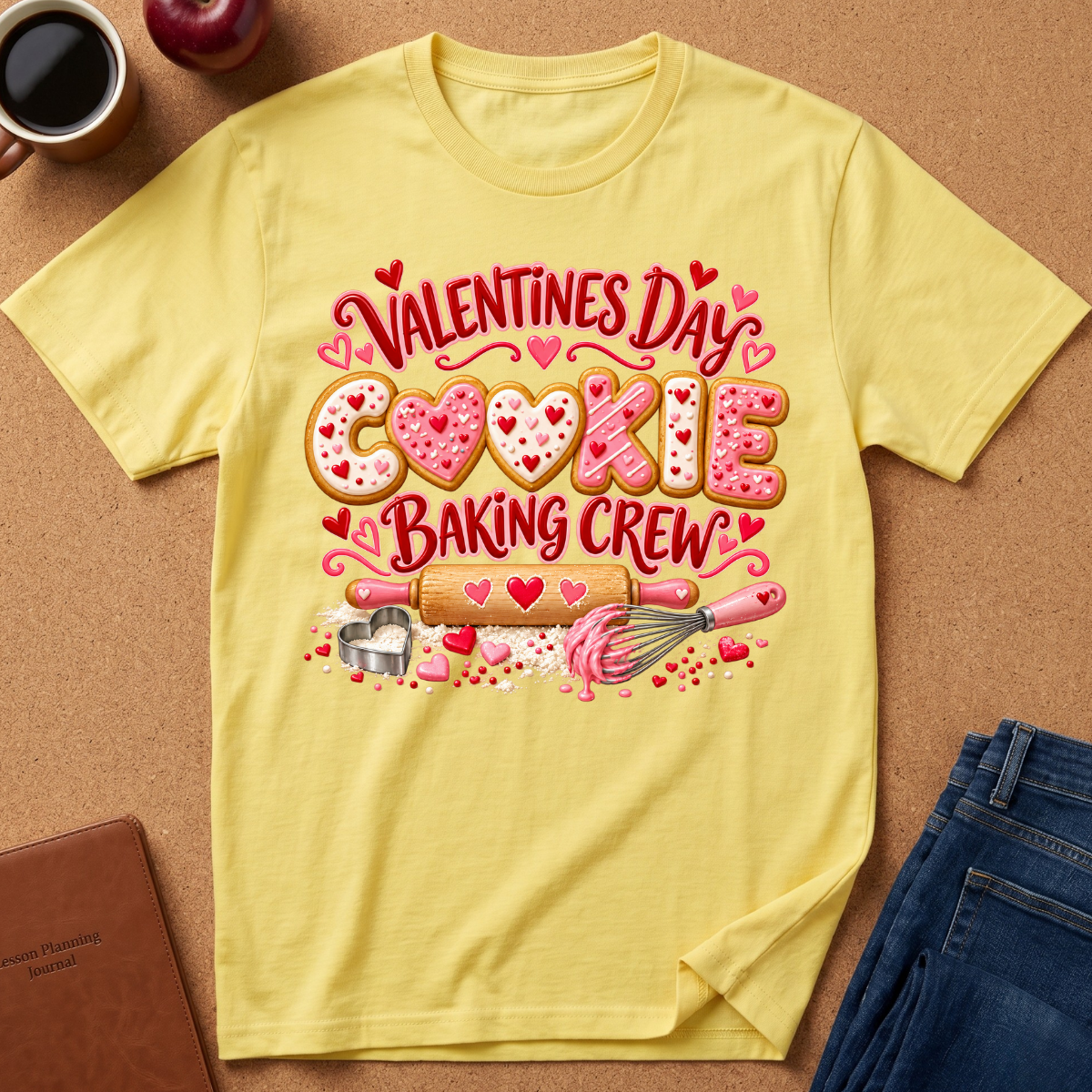 A light yellow graphic t-shirt laid flat on a cork background, featuring a Valentine's Day cookie baking crew design in pink and red with illustrations of cookies, hearts, a rolling pin, and a whisk. Styled flat-lay props include a coffee cup, an apple, a notebook, and blue jeans.