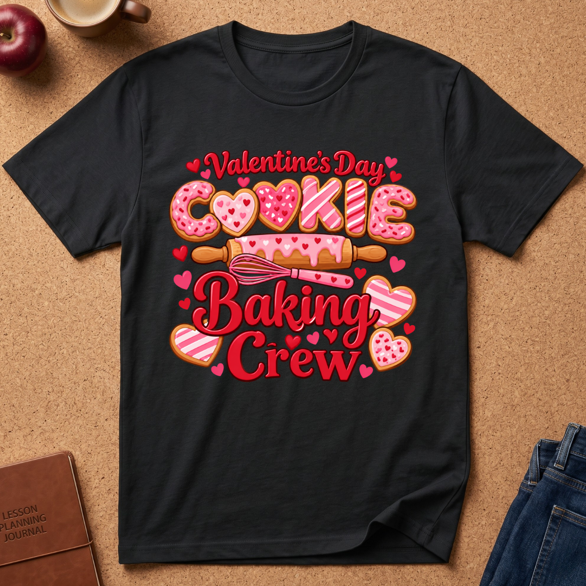 A black short-sleeve graphic T-shirt laid flat on a cork surface, featuring a Valentine's Day cookie-themed baking crew design in pink, red, and white with a rolling pin and heart accents. Partial props around the shirt include an apple, a mug, a notebook, and jeans.