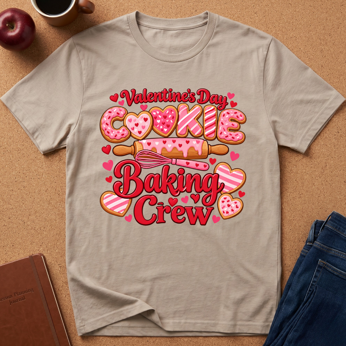 A light beige graphic t-shirt laid flat on a brown cork background, featuring a colorful Valentine's Day cookie-themed design that reads 'Valentine's Day Cookie Baking Crew' with pink hearts, striped cookies, and a rolling pin. Props like an apple, coffee cup, notebook, and jeans are visible around the shirt.