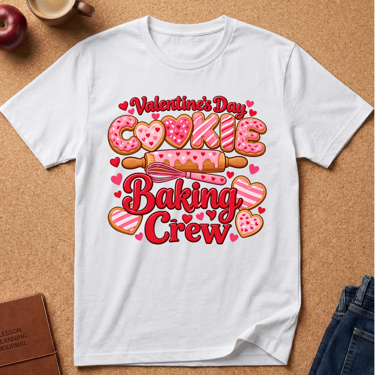 A white short-sleeve crewneck t-shirt laid flat on a cork background, featuring a colorful graphic that reads 'Valentine's Day Cookie Baking Crew' with pink donuts, hearts, and a rolling pin.