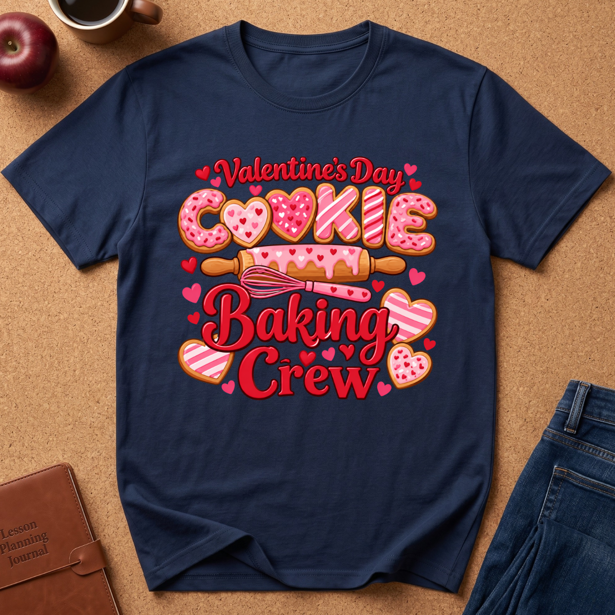 A navy blue graphic t-shirt laid flat on a brown cork background, featuring a Valentine's Day cookie baking theme with pink and red text and heart-shaped cookies. Styled flat-lay props include an apple, a coffee cup, a brown journal, and blue jeans.