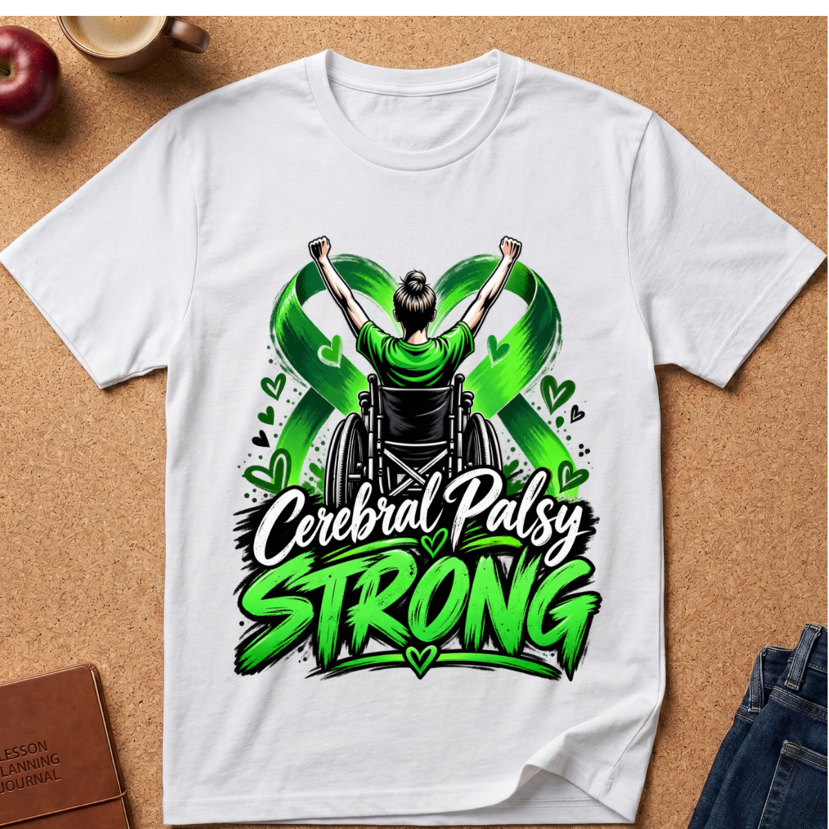 A white short-sleeve graphic T-shirt laid flat on a cork surface, featuring a wheelchair figure with raised arms over a green ribbon and the words 'Cerebral Palsy STRONG' in white and bright green. A coffee cup, apple, journal, and jeans are partially visible around the shirt as styled props.