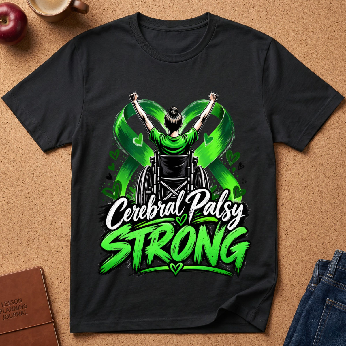 A black short-sleeve graphic T-shirt laid flat on a cork surface, featuring a wheelchair figure with raised arms and green ribbon-like shapes, plus the text 'Cerebral Palsy STRONG' in white and bright green. Partial props around the shirt include an apple, a mug, a journal, and jeans.
