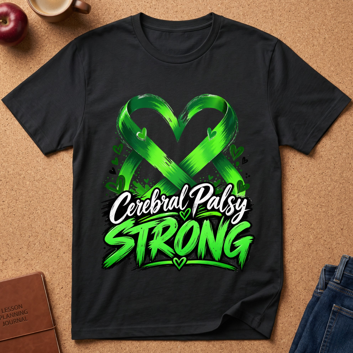 A black short-sleeve t-shirt laid flat on a cork background, featuring a green ribbon heart graphic and the text 'Cerebral Palsy STRONG' in white and bright green. Styled flat-lay props include an apple, a coffee cup, a journal, and jeans.