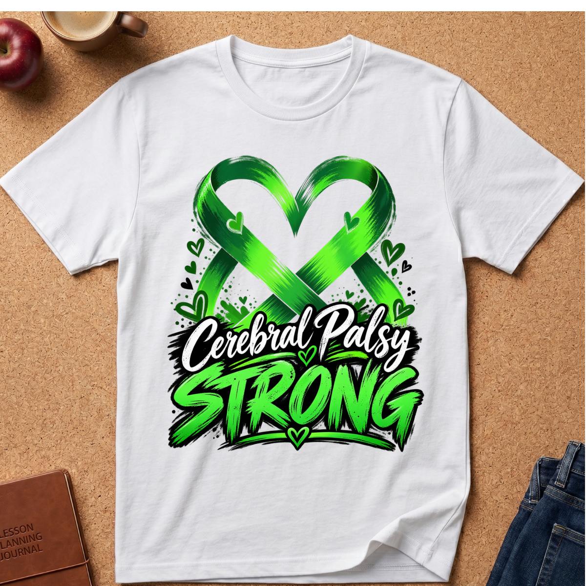 A white short-sleeve crewneck t-shirt laid flat on a cork background, featuring a green ribbon heart graphic and the text 'Cerebral Palsy STRONG' in white and bright green.
