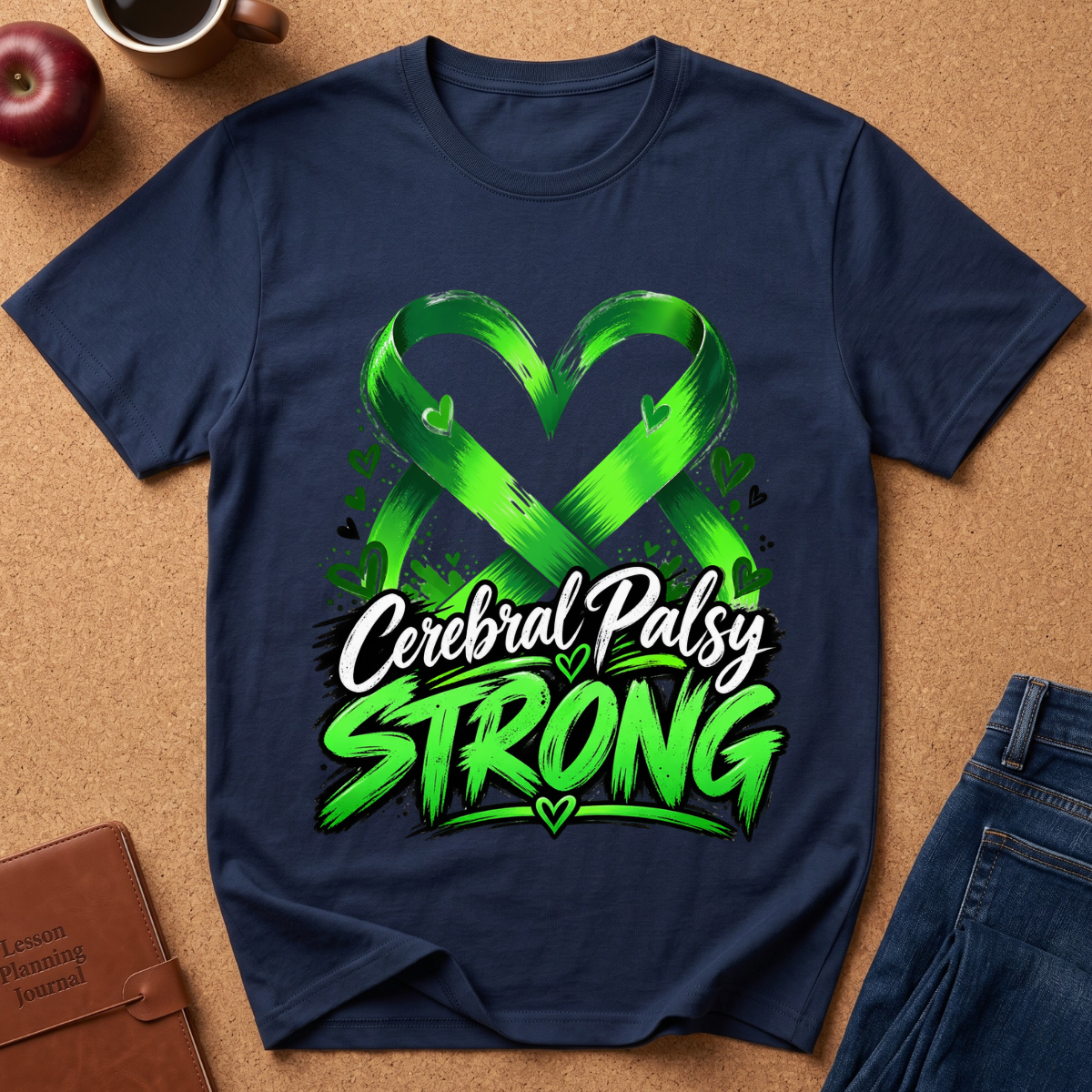 A navy blue short-sleeve t-shirt laid flat on a brown cork background, featuring a green awareness ribbon heart graphic and the text 'Cerebral Palsy STRONG' in white and bright green. A brown leather journal, a red apple, and the corner of a pair of blue jeans are partially visible around the shirt as styled props.