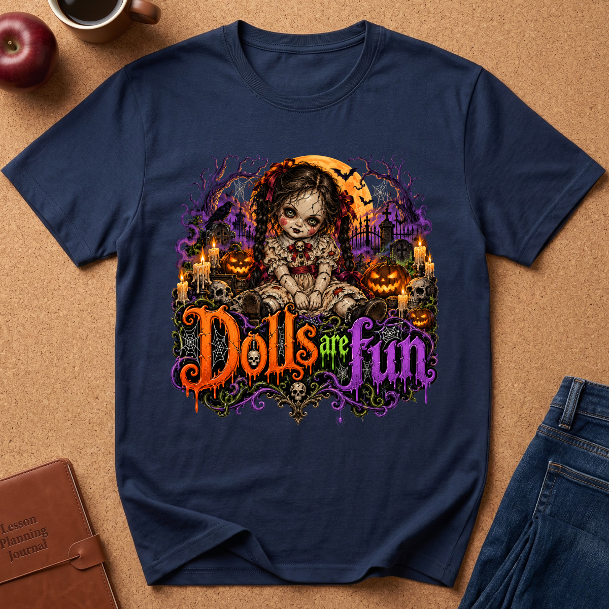 A navy blue graphic t-shirt laid flat on a brown cork board background, surrounded by lifestyle props including an apple, a coffee cup, a journal, and jeans. The t-shirt features a detailed Halloween graphic of a creepy doll character in front of a full moon and pumpkins, with the text 'Dolls are fun' in stylized orange, green, and purple lettering.