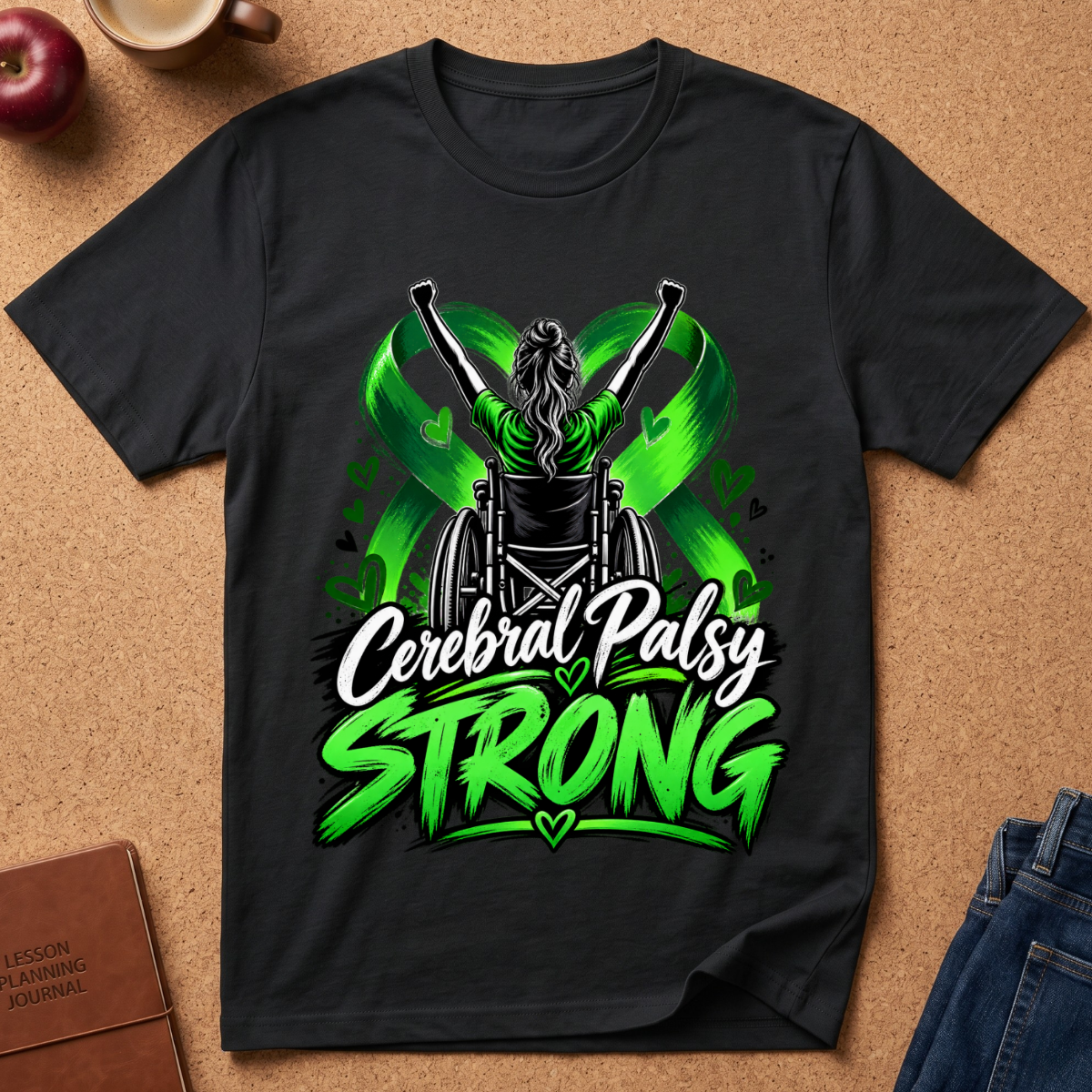 A black short-sleeve graphic T-shirt laid flat on a cork surface, featuring a wheelchair figure with raised arms and bright green ribbon elements, plus the text 'Cerebral Palsy STRONG' in white and neon green. Partial props around the shirt include an apple, a mug, a journal, and jeans.