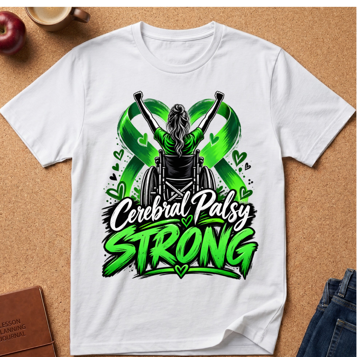 A white short-sleeve graphic T-shirt laid flat on a cork surface, featuring a wheelchair figure with raised arms over bright green awareness ribbons and the text 'Cerebral Palsy STRONG.' A coffee cup, apple, journal, and jeans are partially visible around the shirt as styling props.
