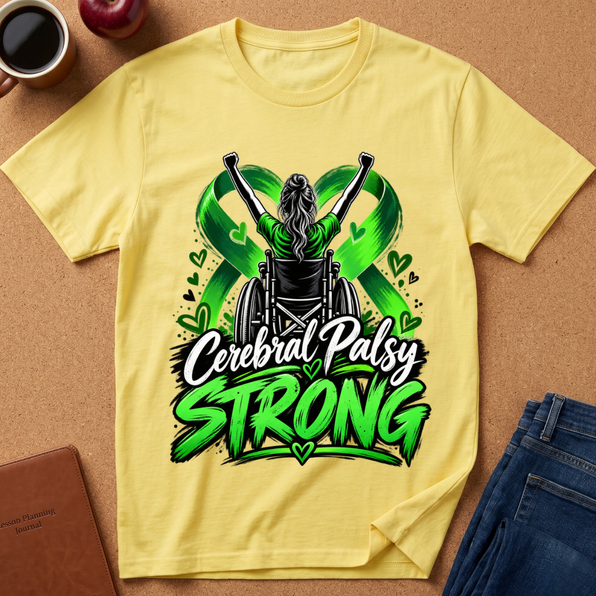 A yellow short-sleeve graphic T-shirt laid flat on a cork surface, featuring a wheelchair figure with raised arms, green awareness ribbons, and the words 'Cerebral Palsy STRONG.' Coffee cup, apple, notebook, and jeans are visible as styled props around the shirt.