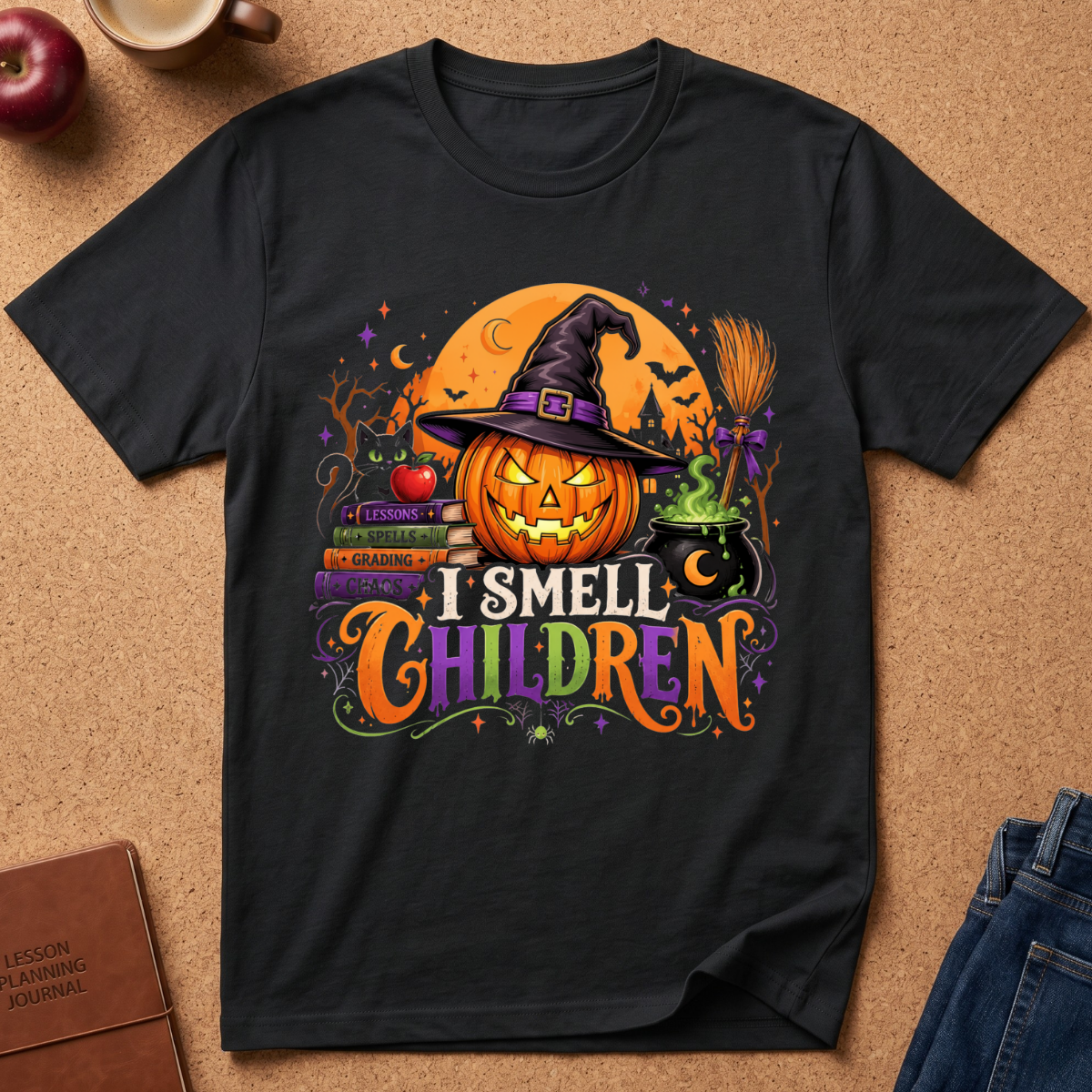 A black short-sleeve graphic T-shirt laid flat on a cork surface, featuring a Halloween design with a jack-o'-lantern, witch hat, broom, cauldron, books, stars, and the phrase “I SMELL CHILDREN” in colorful lettering.